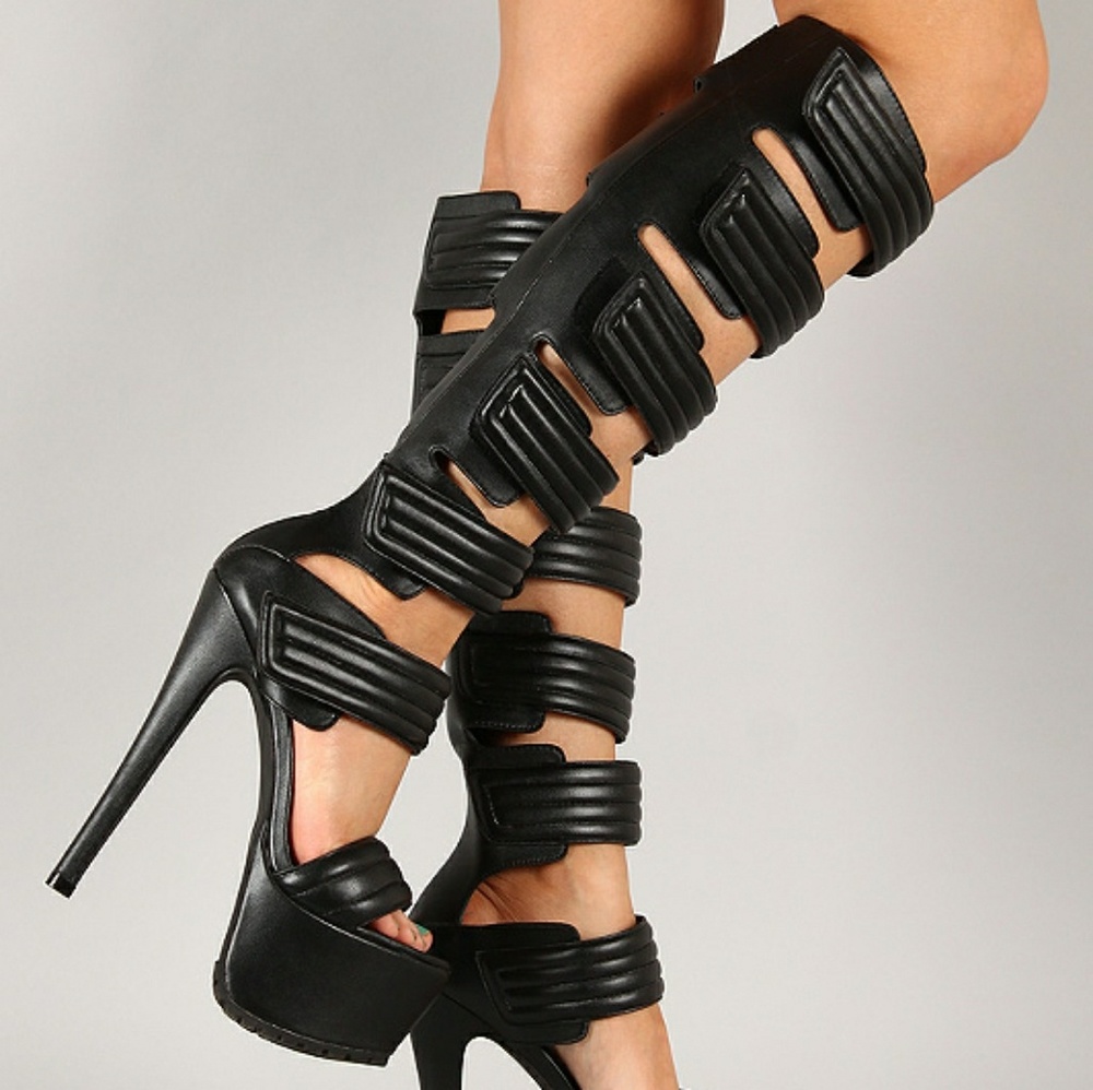 Black Caged Gladiator Strappy Boots