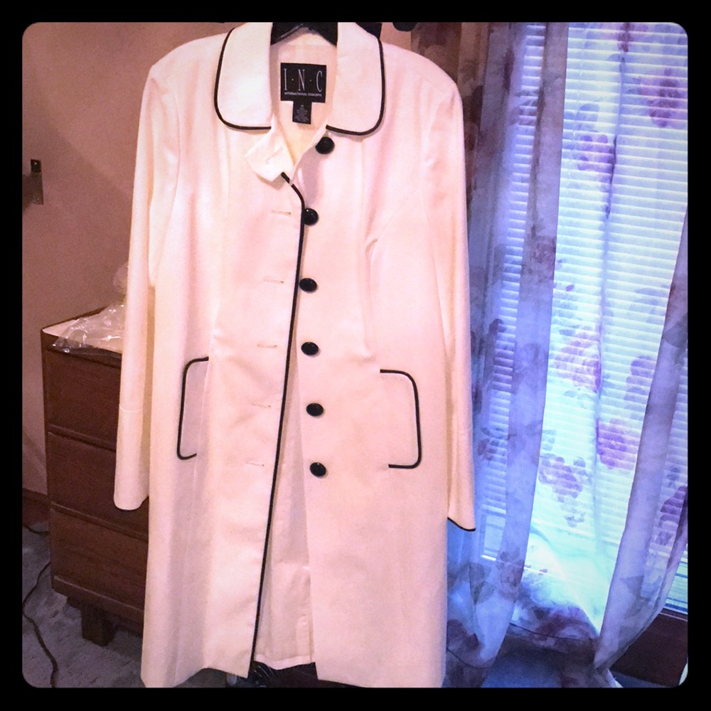 INC white rain coat with black leather brocade M