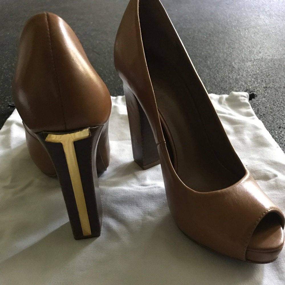 Tory Burch gold T peep toe heel