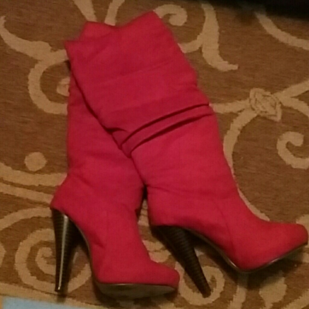 Red suede high heel boots