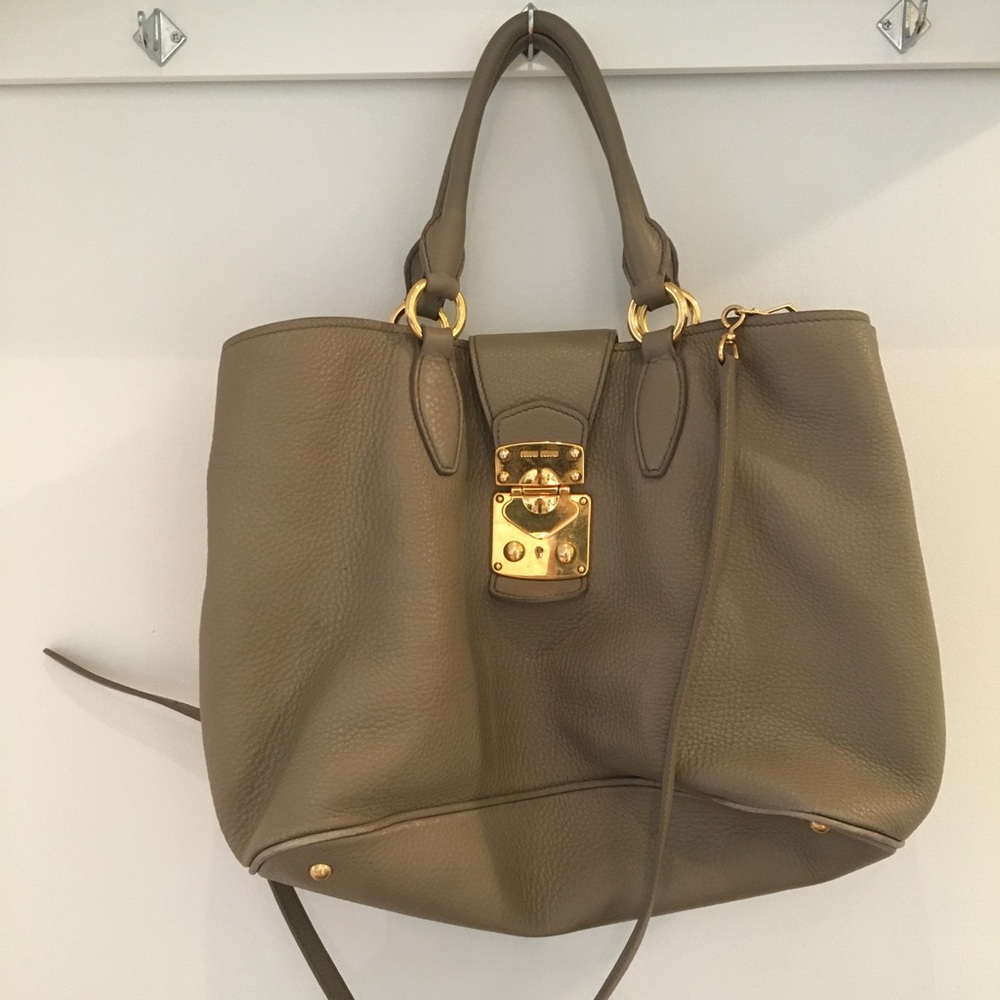 Miu Miu Pebbled Leather Handbag Tote, Beige