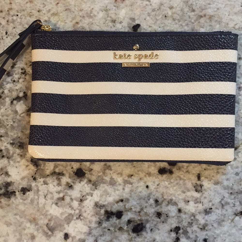 NWOT Kate Spade navy/white stripe leather wristlet
