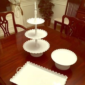 Cake stands (tiered and single) and cupcake tray