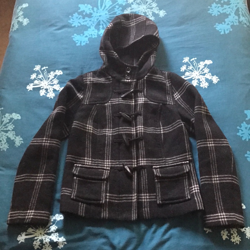 Wool-Blend Hooded Plaid Duffel Coat