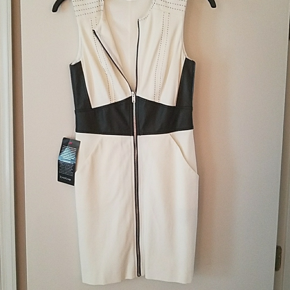 Bebe fitted white and black leather dress