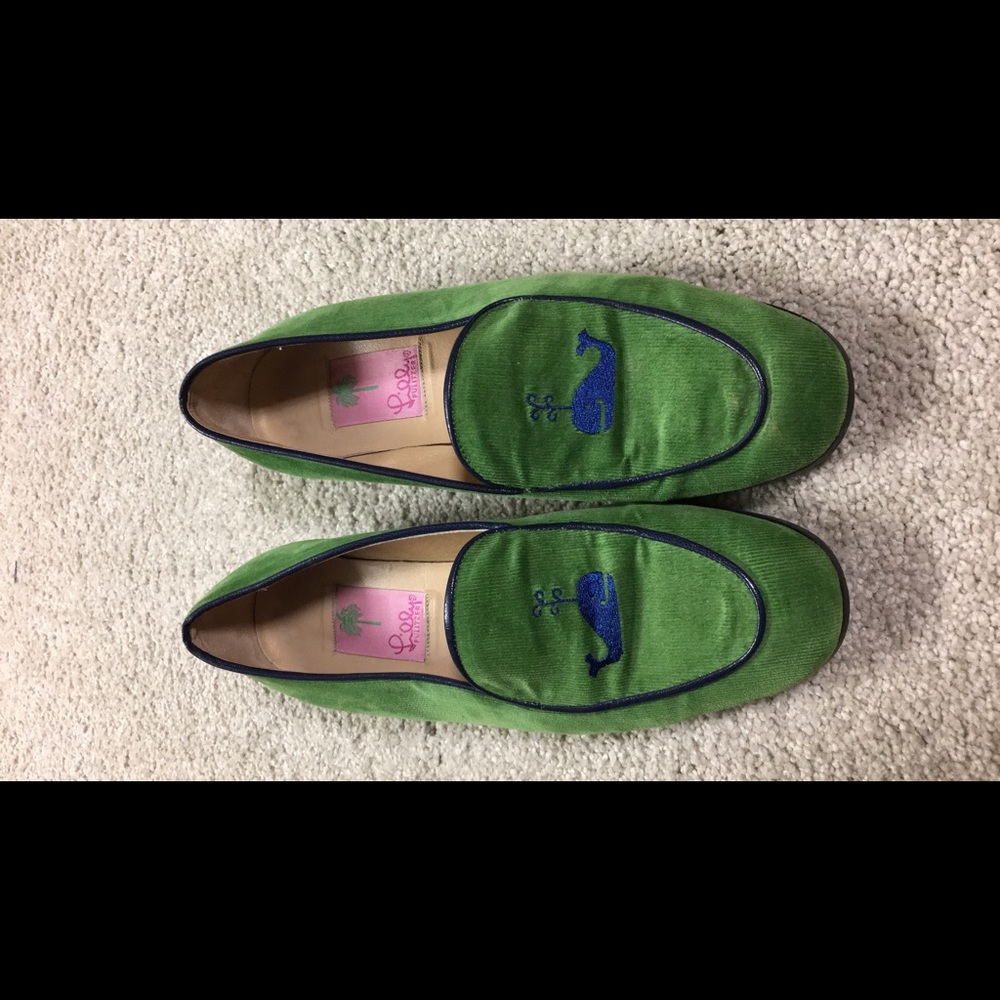 Lilly Pulitzer green shoes with navy blue whale