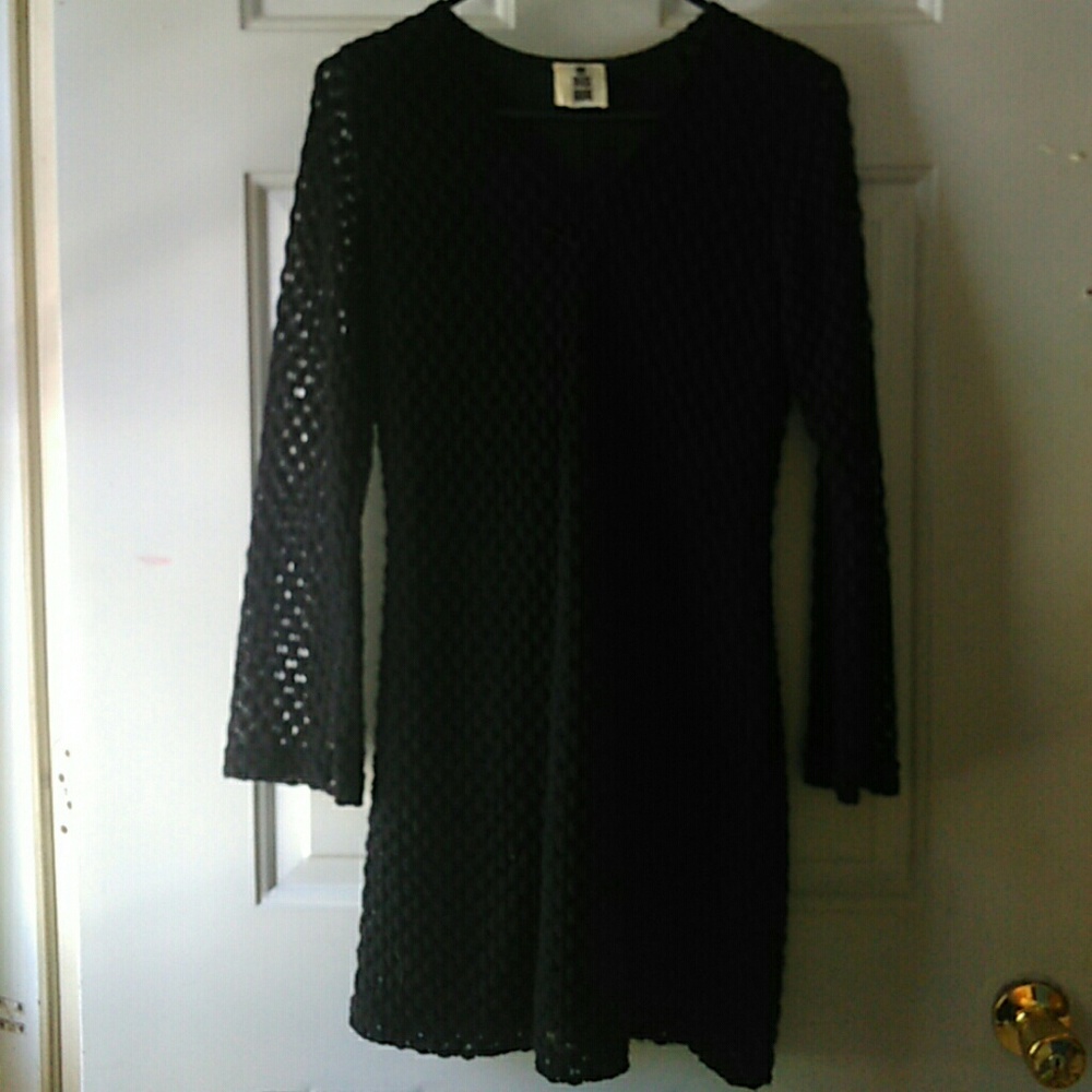Black Crochet Long Flair Sleeve Mini Dress  MD