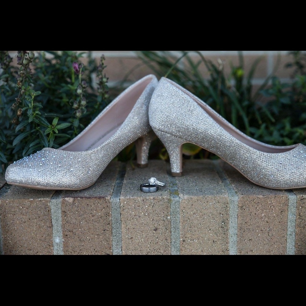 Nude glitter women's wedding shoes. Bridal pumps