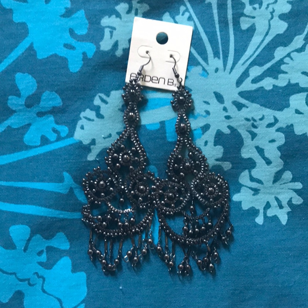 Charcoal Gray Long, Beaded Earrings