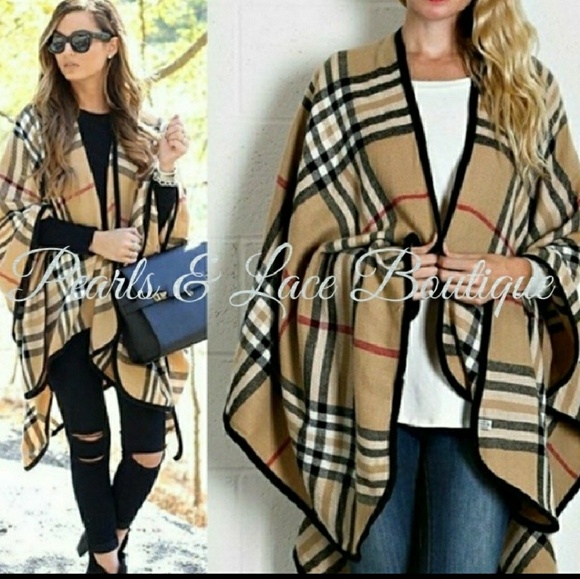 5☆ Item CAMEL PLAID RUANA WRAP - Picture 2 of 2