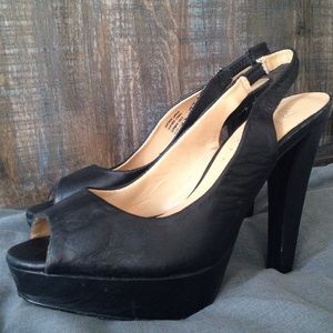 Black Leather Peep Toe Heels