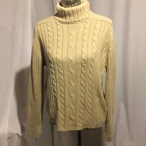 Marsh Landing, cable knit turtleneck sweater, tan.