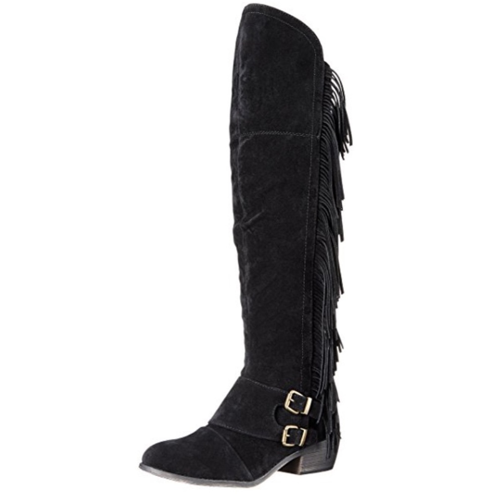 Black Boho Chic Over the Knee Fringe Boots - Picture 2 of 5