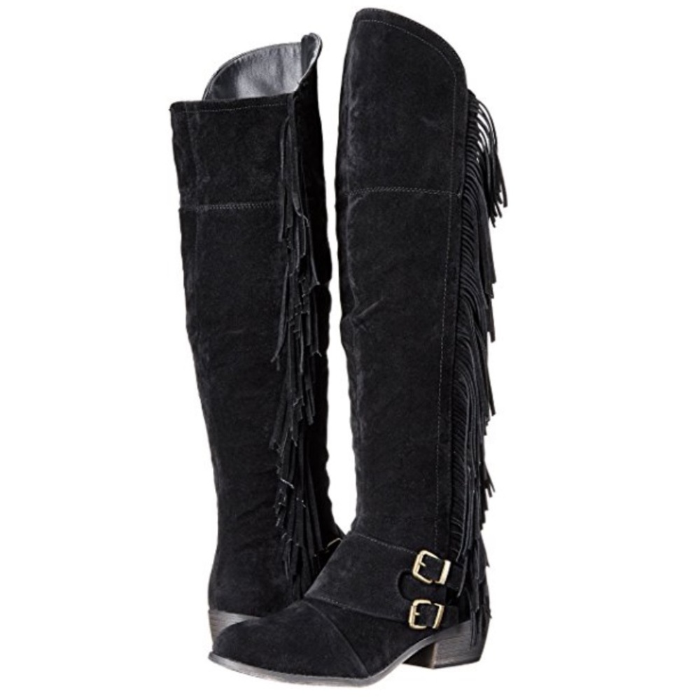 Black Boho Chic Over the Knee Fringe Boots - Picture 5 of 5