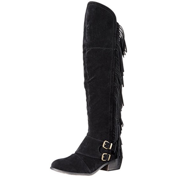 Black Boho Chic Over the Knee Fringe Boots - Picture 2 of 5