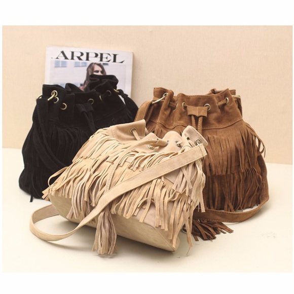 Handbags - Black Faux Suede Tassel Fringe Shoulder Bag