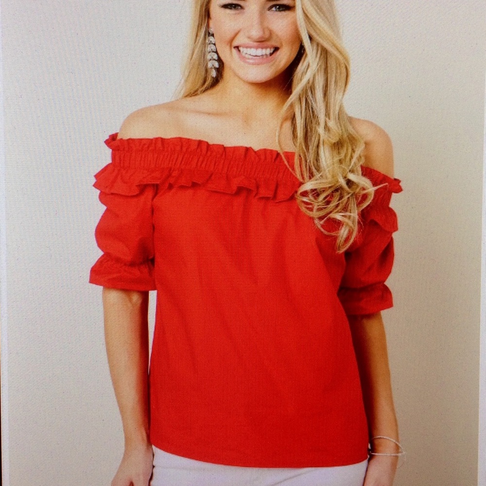 Red ruffle off the shoulder top!