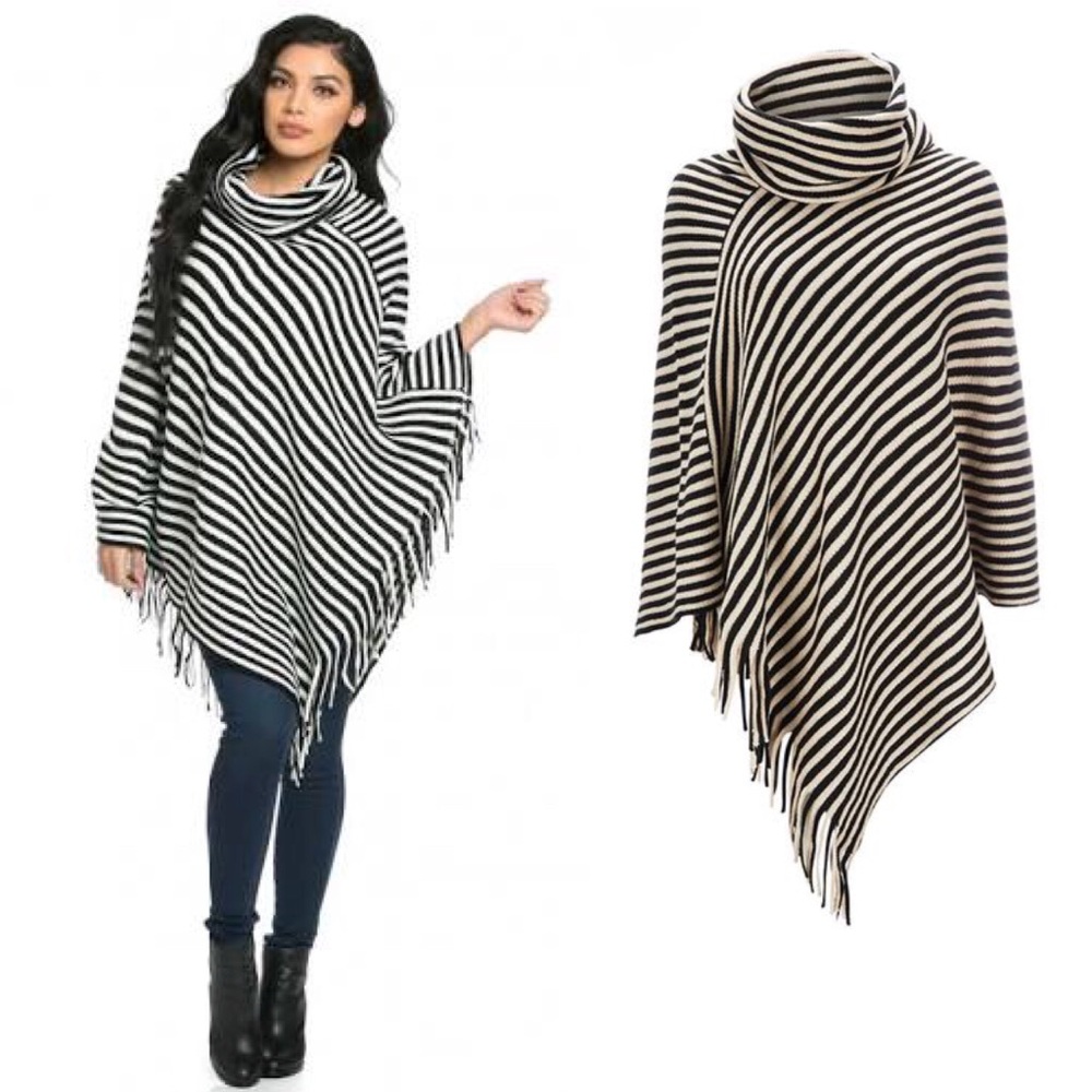 Best Seller❣️Stripe Cowl Neck Fringe Poncho - Picture 3 of 4