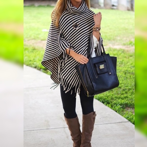 Best Seller❣️Stripe Cowl Neck Fringe Poncho - Picture 2 of 4