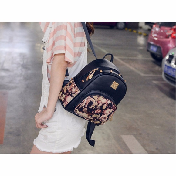 Bags | Black Floral Riveted Backpack | Poshmark