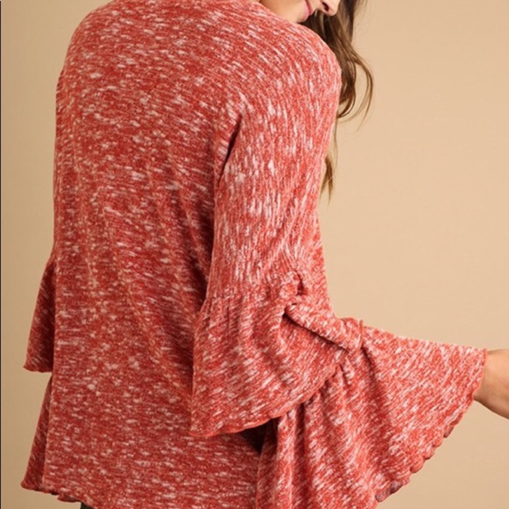 New! Burnt Orange Double Layer Bell Sleeve Sweater - Picture 3 of 7