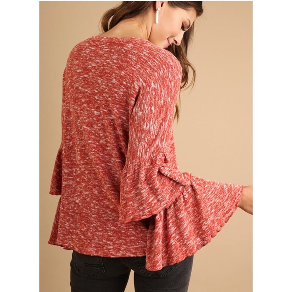 New! Burnt Orange Double Layer Bell Sleeve Sweater - Picture 4 of 7