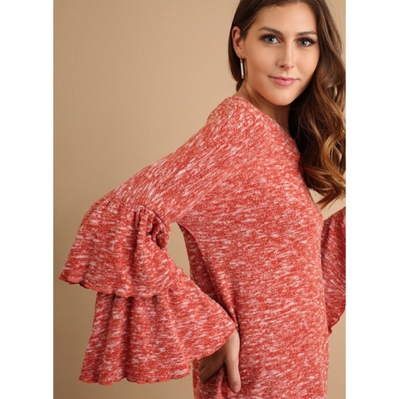 New! Burnt Orange Double Layer Bell Sleeve Sweater - Picture 2 of 7