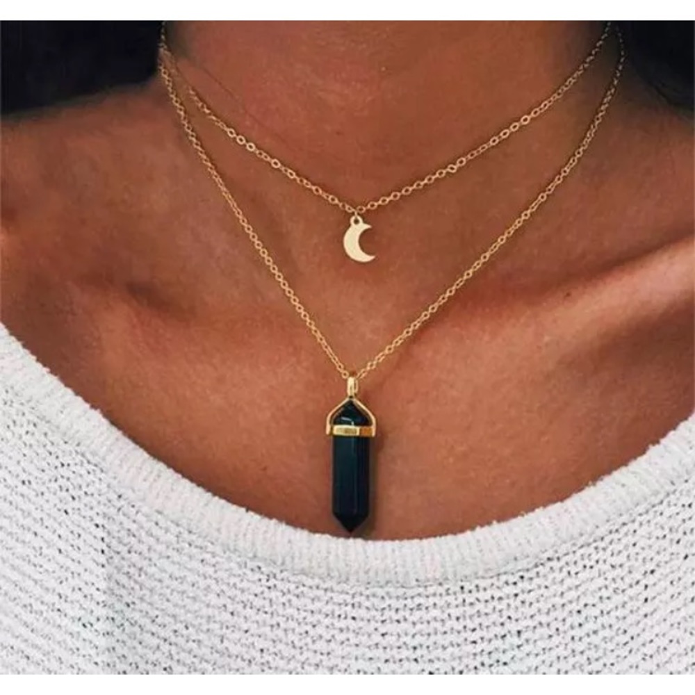 Black Crystal Moon Layered Gold Necklace Boho