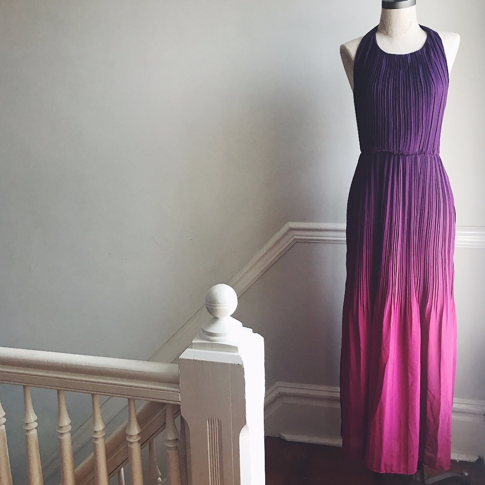 Sheer Pleated Pink and Purple Ombre Maxi Dress