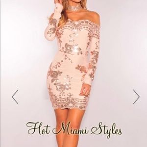 HMS Rose Gold Sequin Off The Shoulder Dress