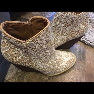 Lace overlay wedge booties