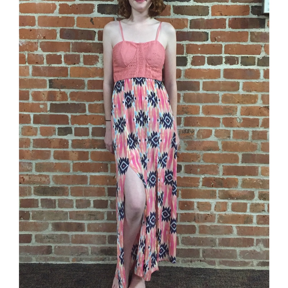 Pink white and blue maxi dress