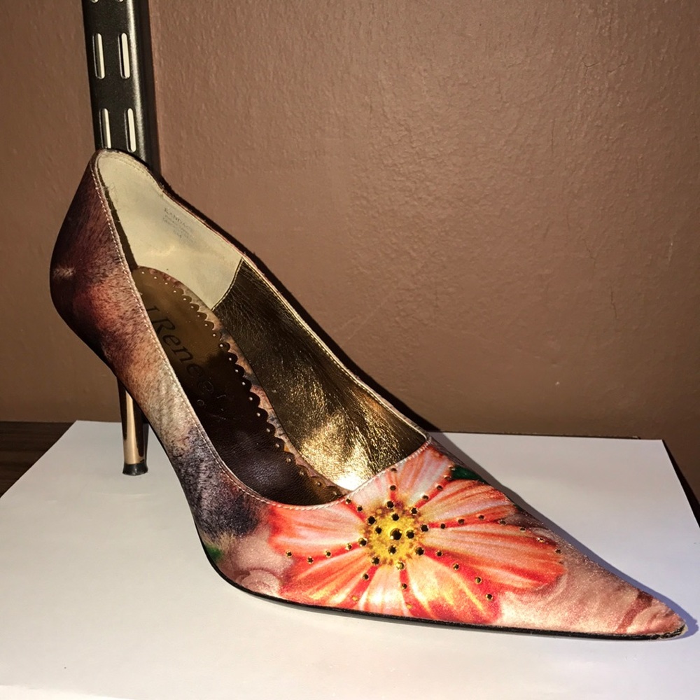 Satin/Leather Pointy Toe Heel with Metallic Heel