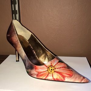 Satin/Leather Pointy Toe Heel with Metallic Heel