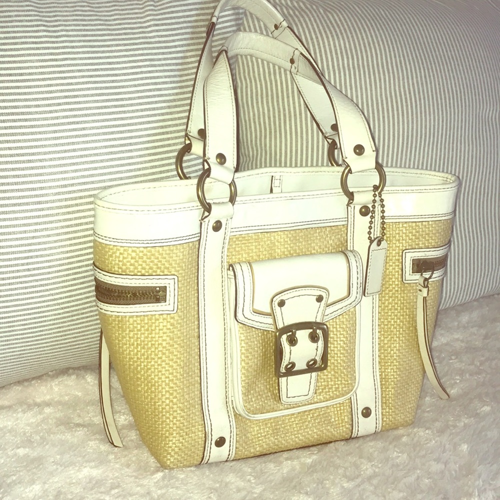 Coach White straw tote. Slightly used.