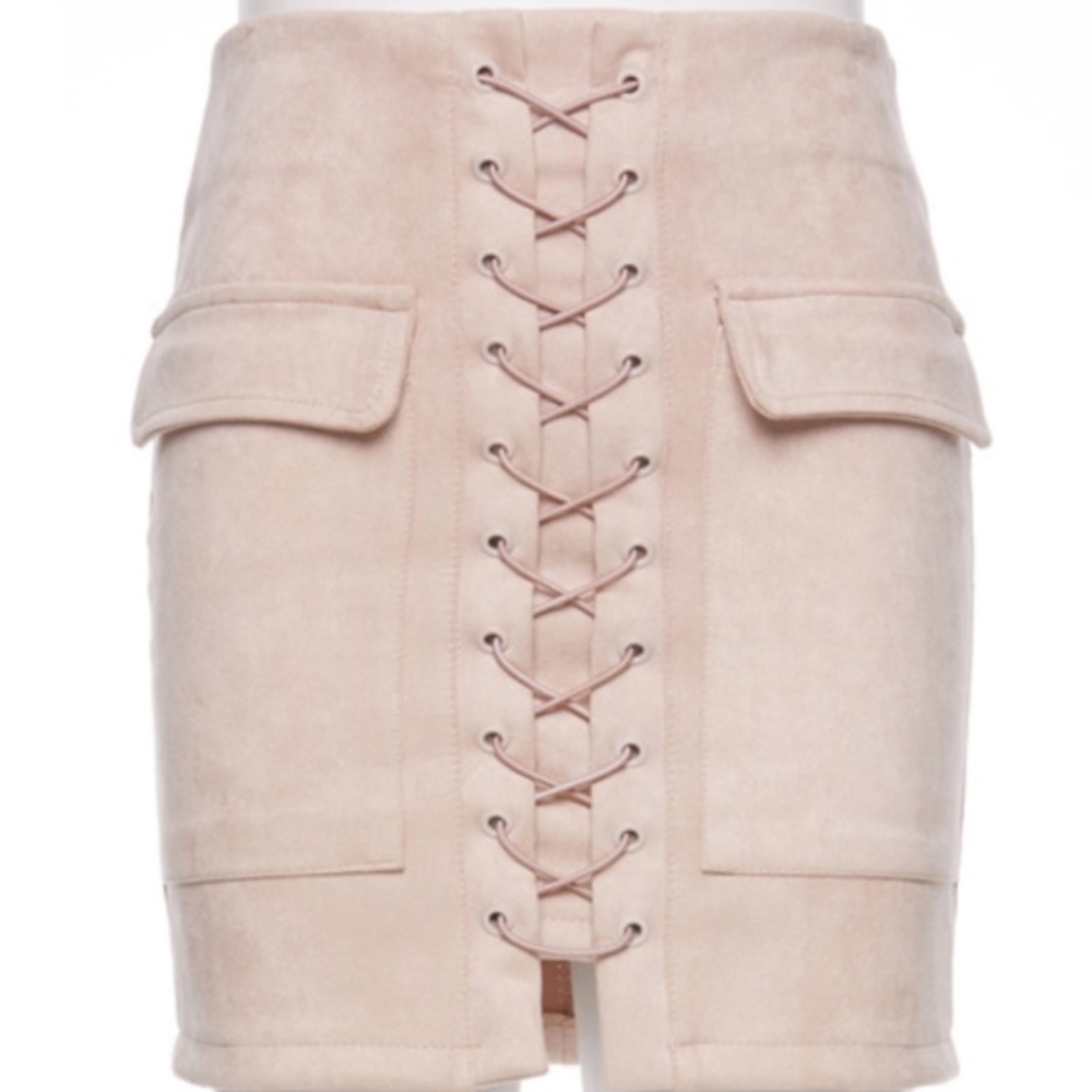 Light Blush Beige Suede Lace Up Skirt - Picture 2 of 5