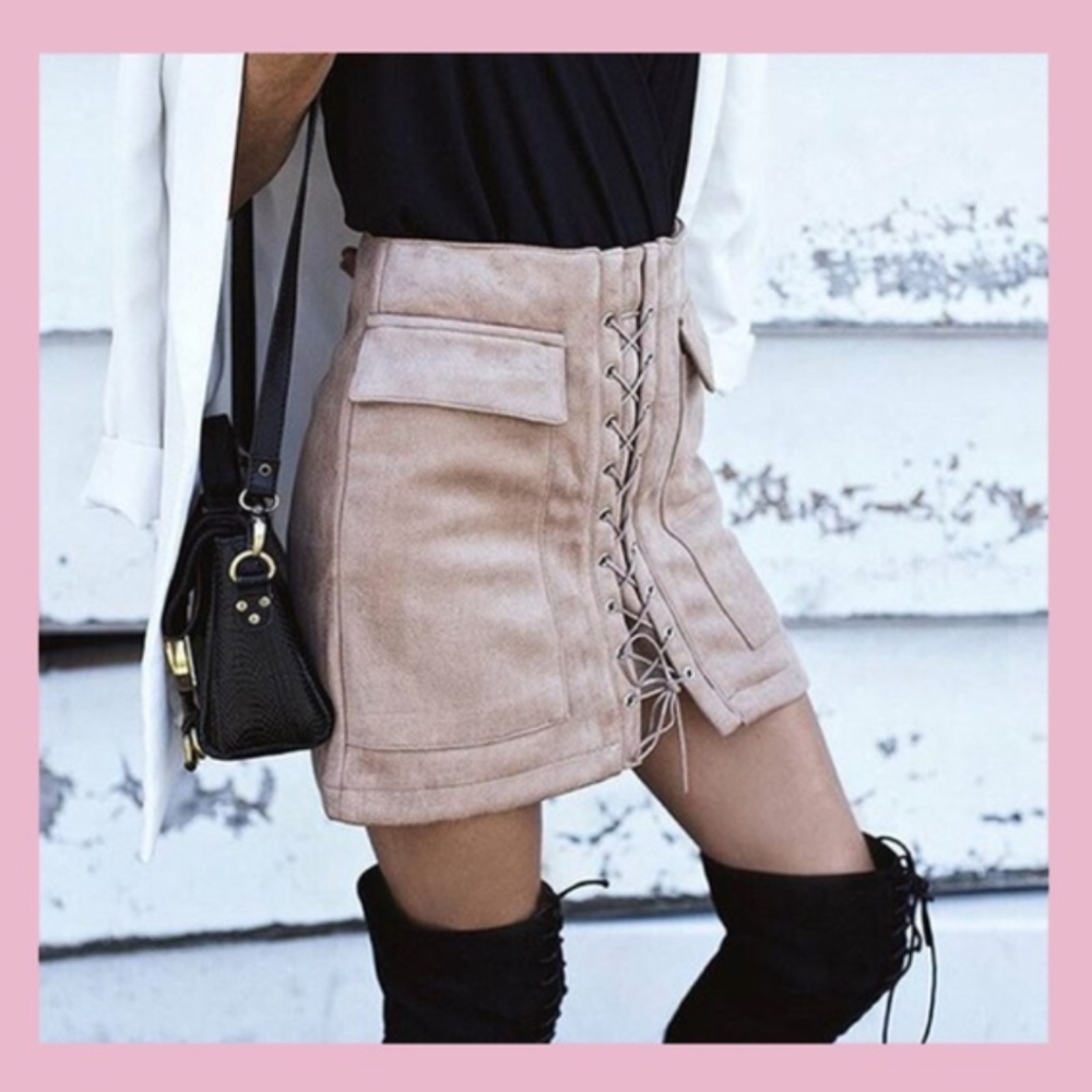 Light Blush Beige Suede Lace Up Skirt