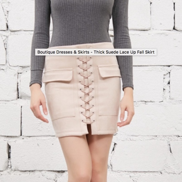 Light Blush Beige Suede Lace Up Skirt - Picture 4 of 5