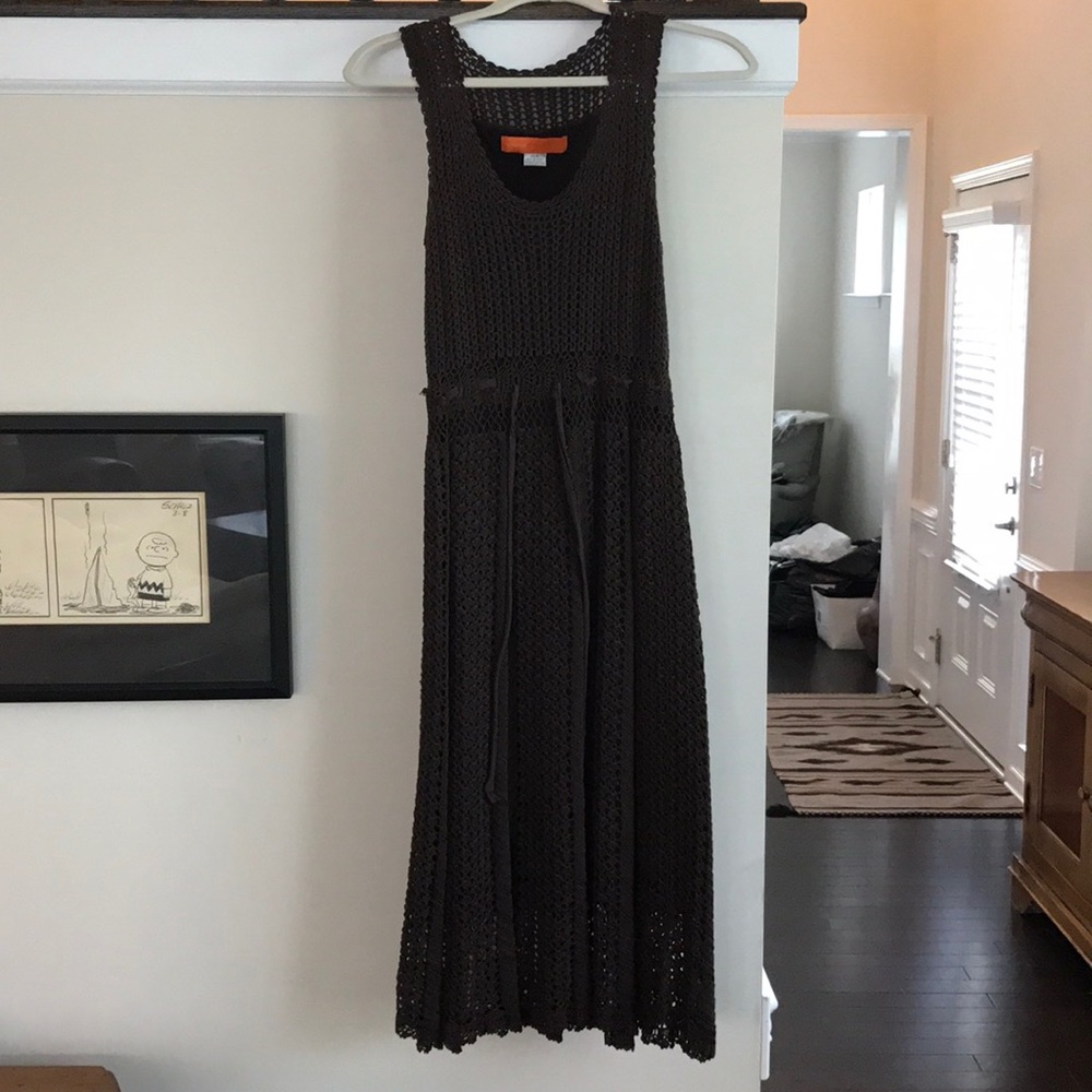 Brown knit sleeveless dress with crochet detail