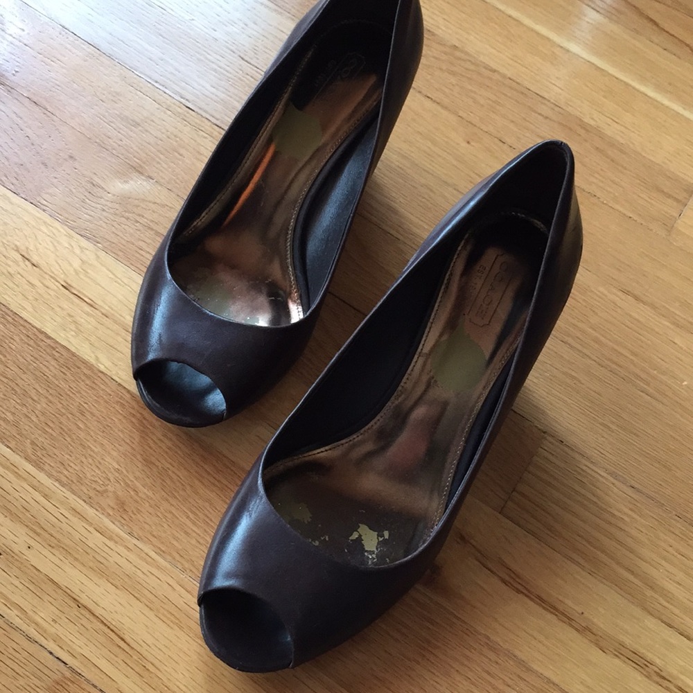 Brown coach wedged peep toe shoes
