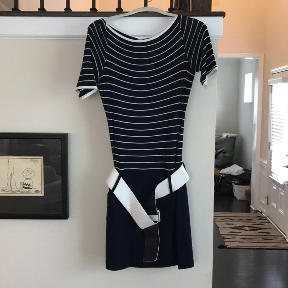 Blue and white dress with belt and pockets