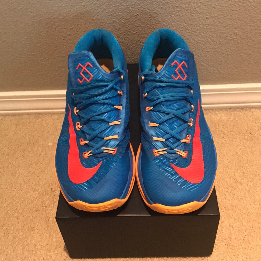 Blue & orange Nike KD low top basketball shoes