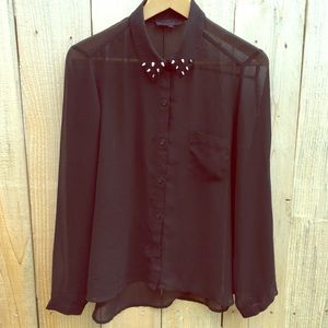 Black sheer button up blouse with studded collar.