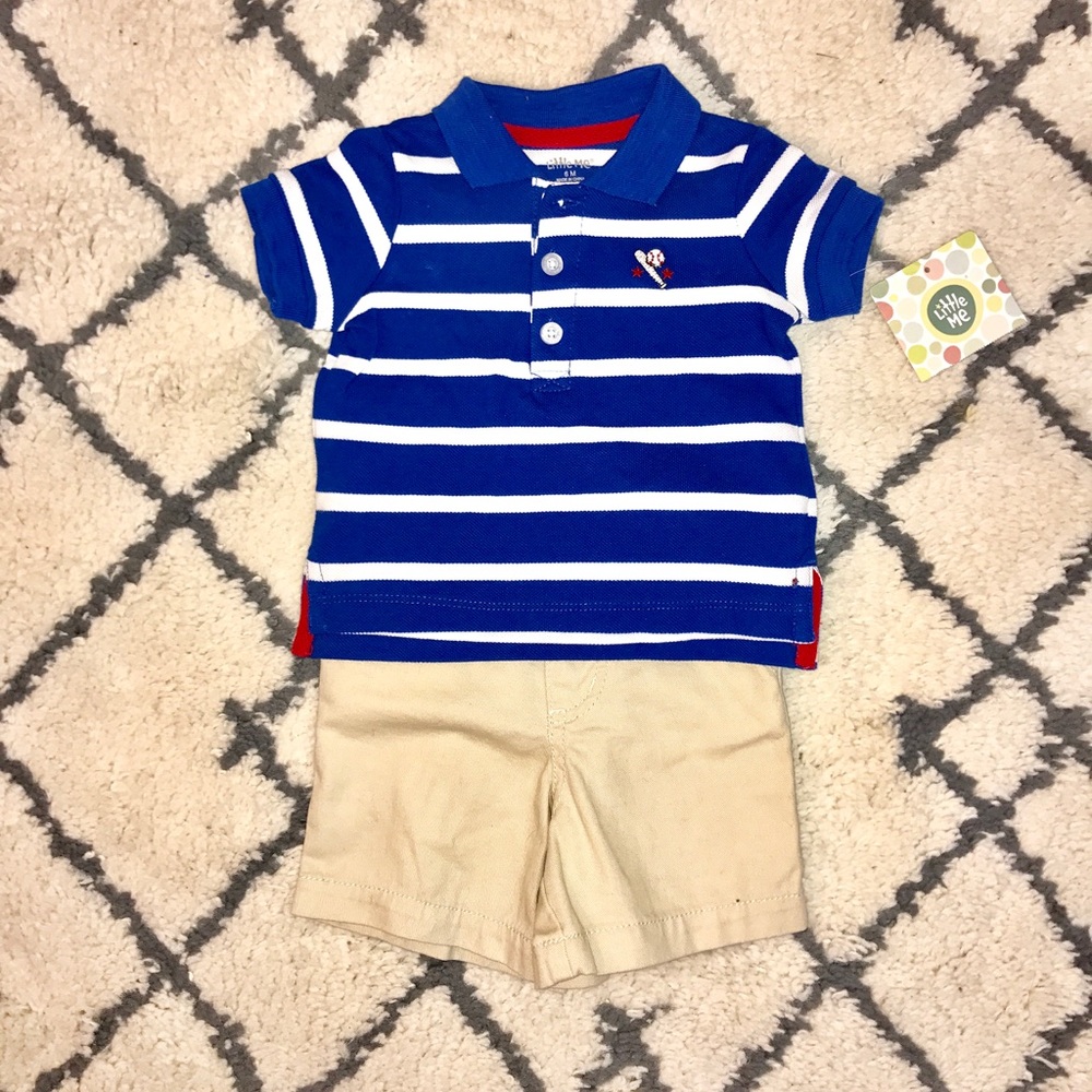 NWT Little Me striped polo and khaki short sz 6 mo