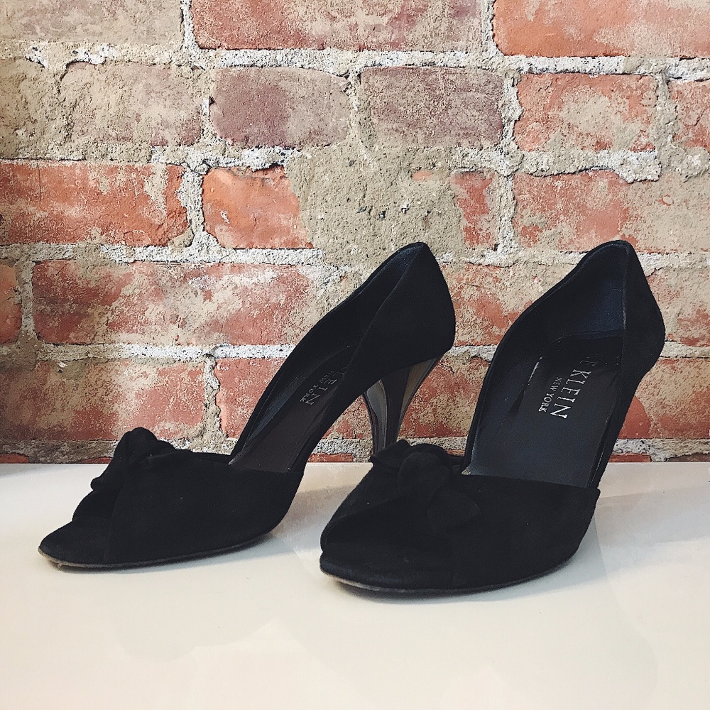 Anne Klein Black Suede Peep-Toe Heels