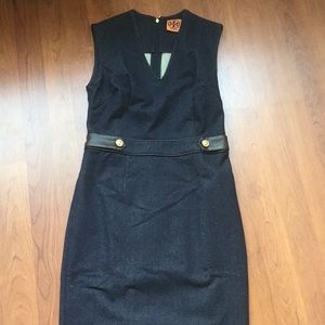 Tory Burch Denim Sheath Dress with Leather Trim Tory Burch Denim Sheath Dress with Leather Trim
