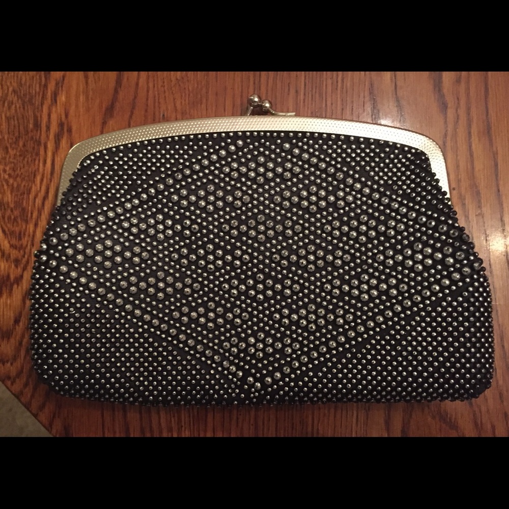 Golden Name Black and Silver Beaded Clutch