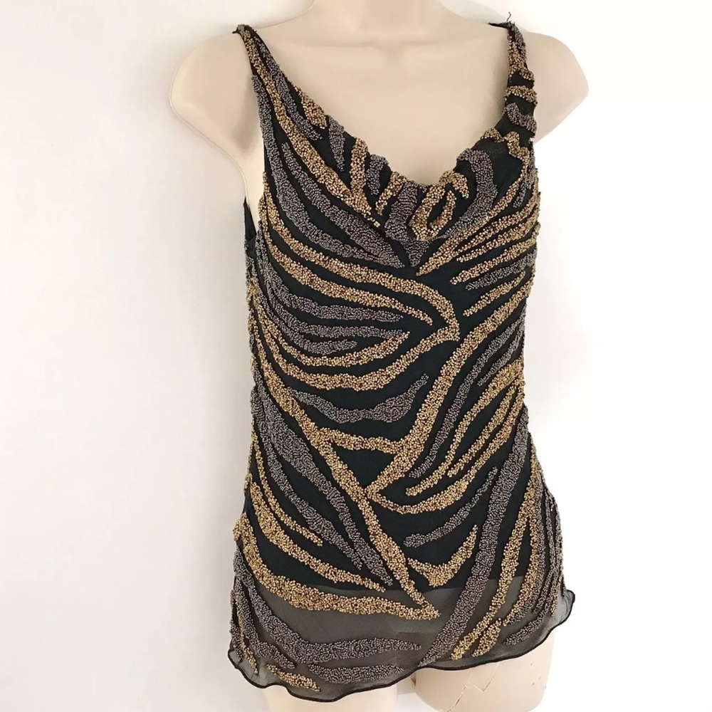 Cache  XS Heavy Beaded Black Gold Silk Blouse