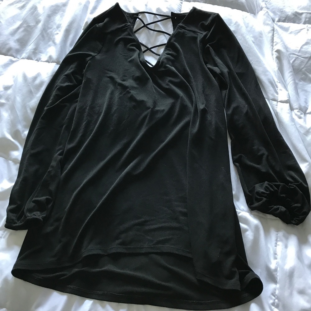 Express Black V-Neck Lace-Up Long Sleeve Top