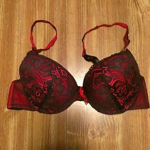 Red and black lace bra
